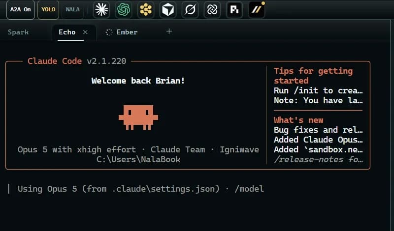 Harmony running Claude Code in one of several agent tabs