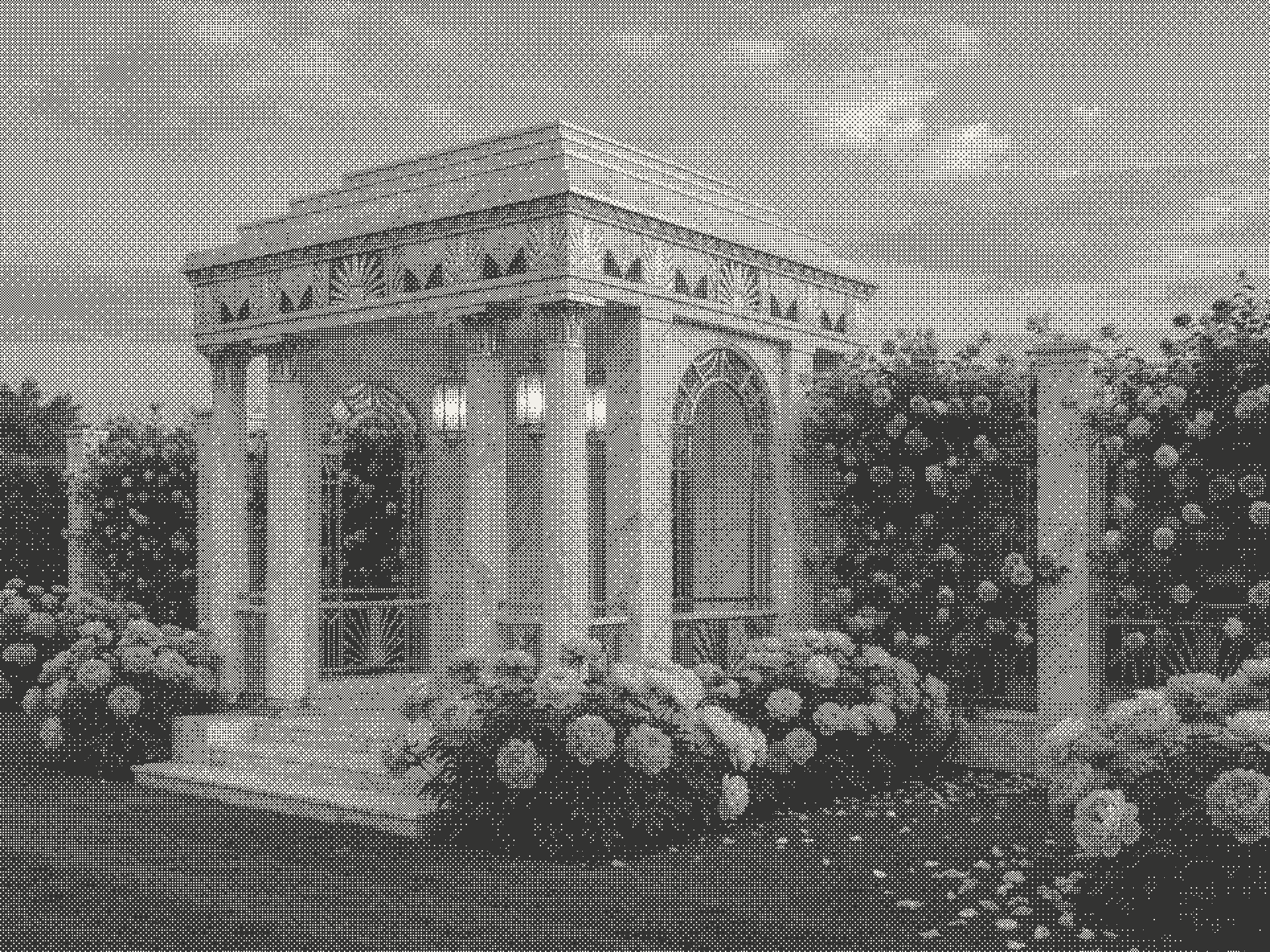 A classical pavilion standing inside a walled garden