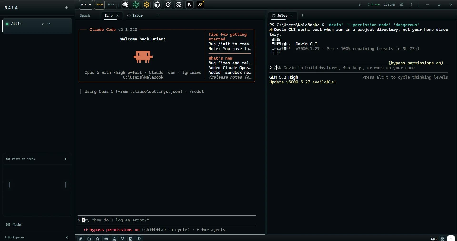 The Harmony workspace mid-session: two coding agents running side by side, each in its own tab