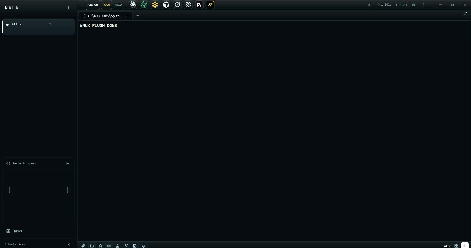 The Harmony desktop app on first launch: one empty workspace, ready for an agent
